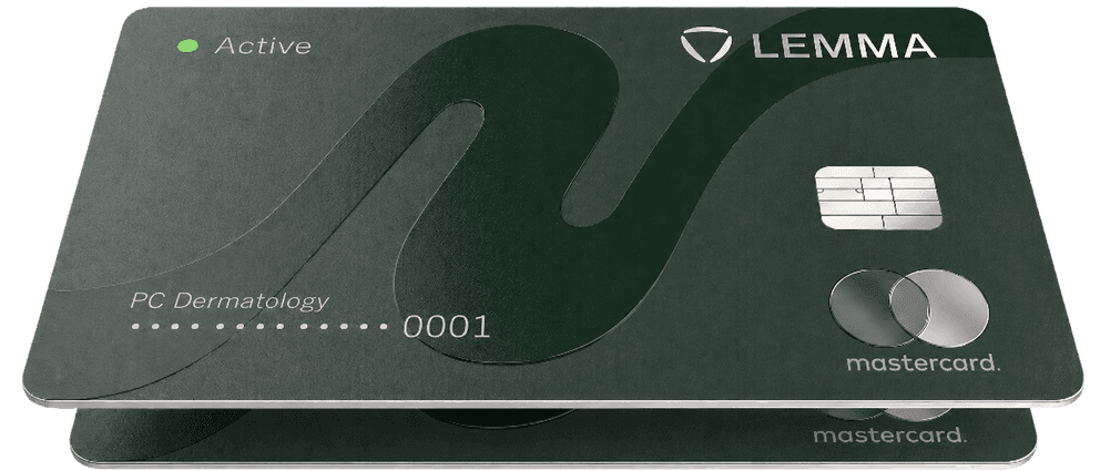Two stacked Lemma Mastercard cards issued to a professional corporation, the top one marked active.