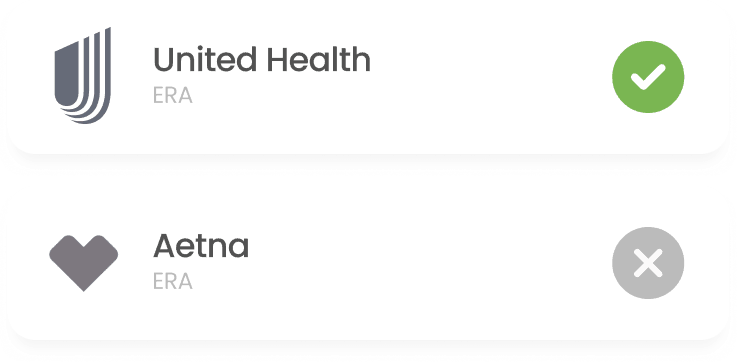 Two remittance rows, a United Health ERA marked matched with a green check and an Aetna ERA still unmatched.