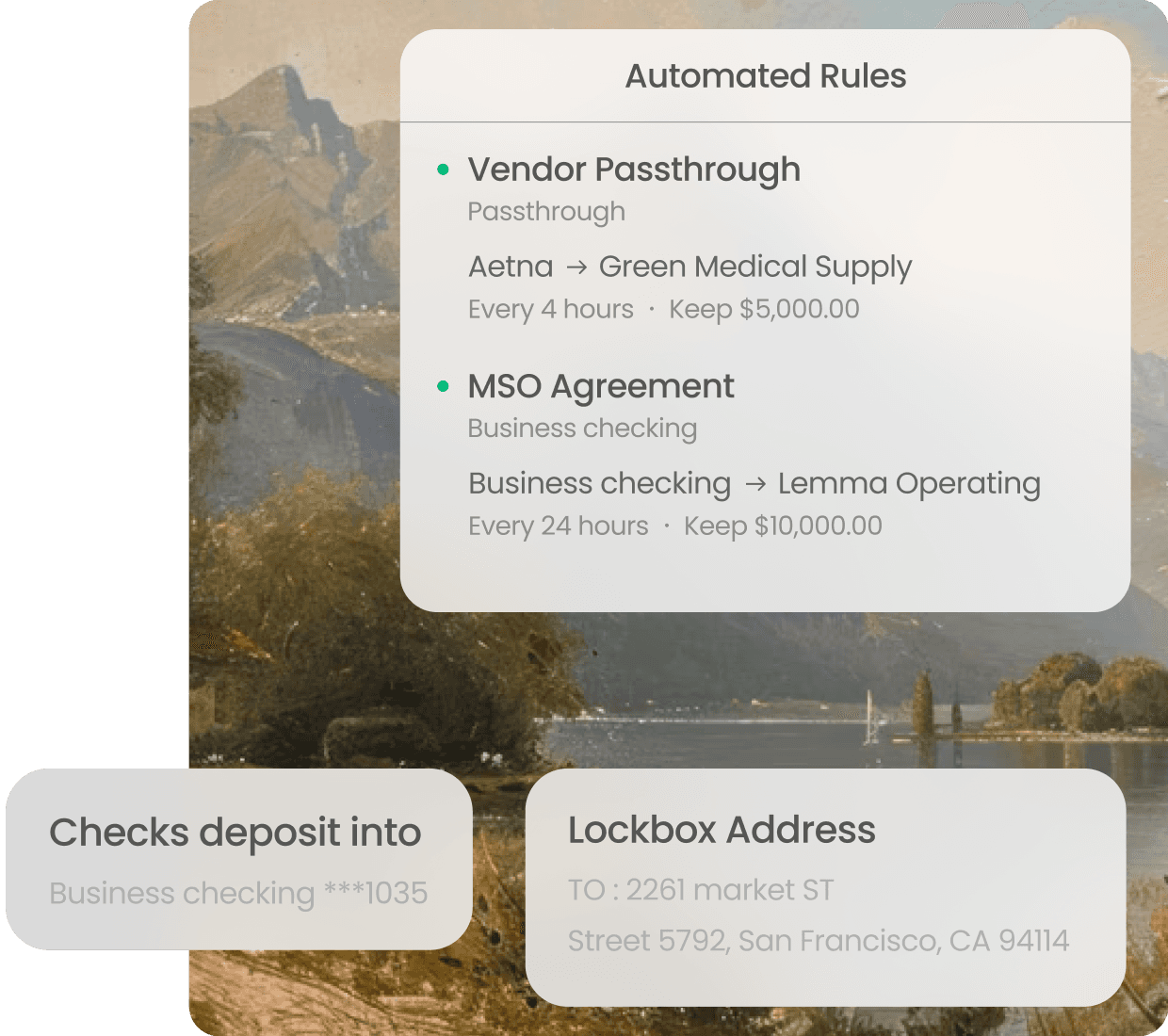 A lockbox mailing address alongside the business checking account that scanned check deposits are routed into.